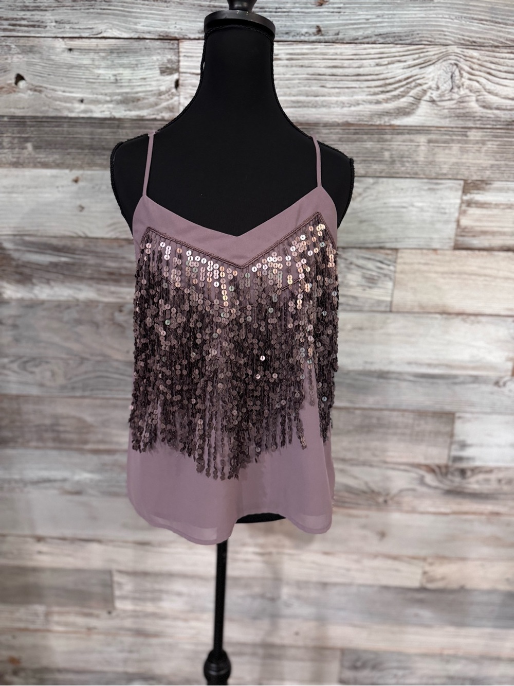 BKE Mauve Sequin Fringe Tank Top with Adjustable Straps